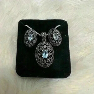 Vintage Sterling Silver Blue Topaz Marcasite Necklace Earrings Set 925